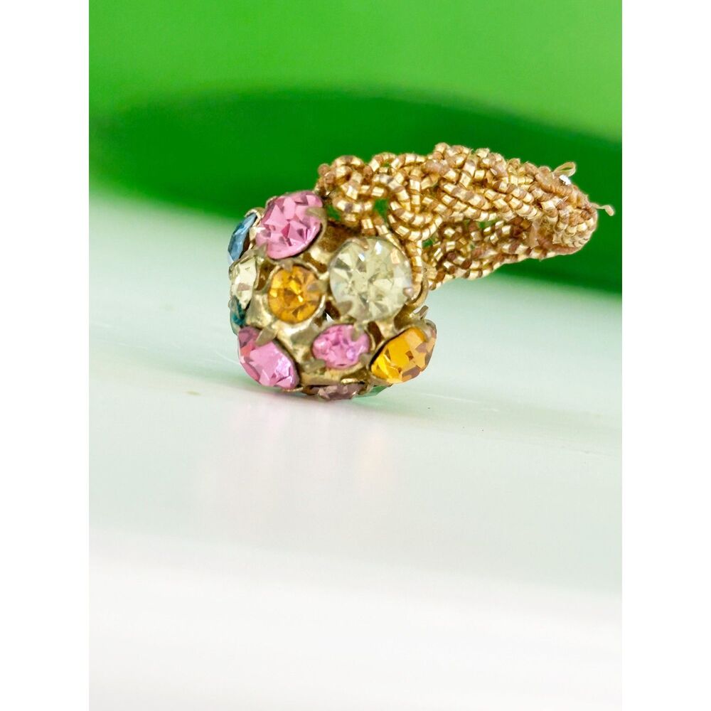 Vintage Cluster Ring Gold Tone Woven Stretchable Colorful Rhinestone Cluster - Picture 4 of 5